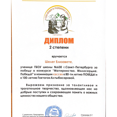 Диплом 2 степени Шелег Елизавета